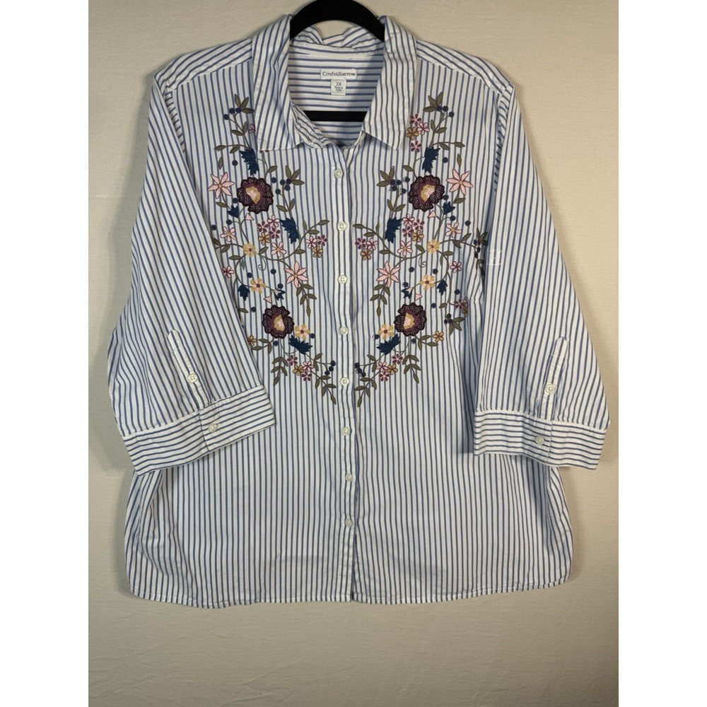 Croft&Barrow - Blue Striped 3/4 Sleeve Button-Up Top Size 2X - Floral Embroidery